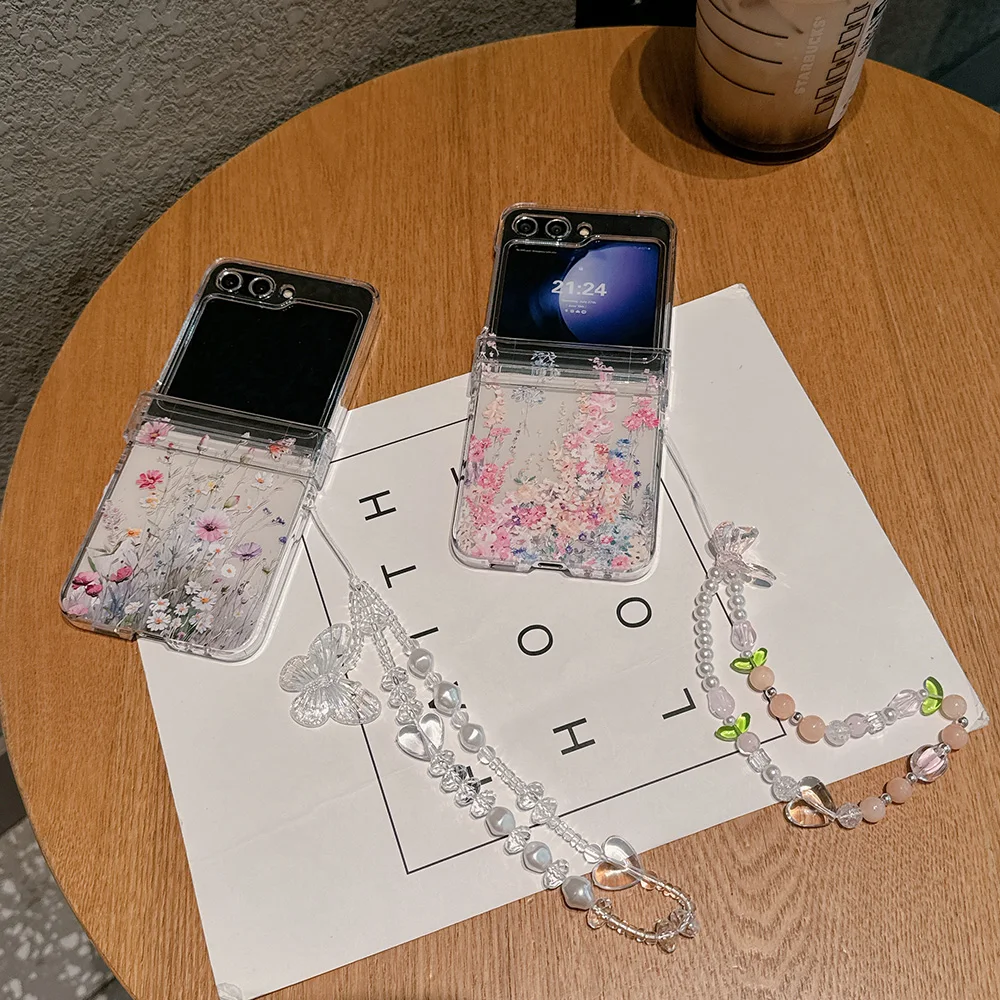 Floral Painted Transparent Shockproof Folding Case with Bracelet