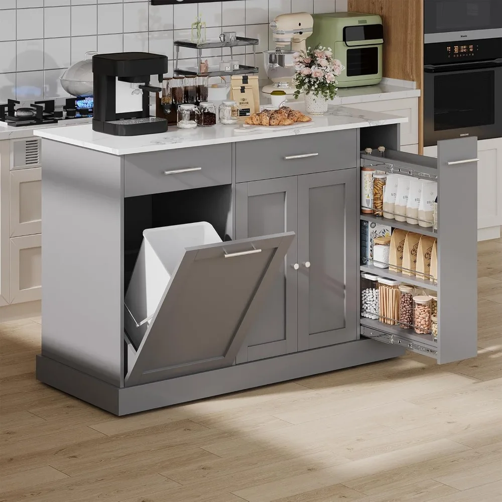 Kitchen Island with Trash Can Storage, 52" Rolling Kitchen Island on Wheels with Marble Countertop & Pull Out Spice Rack 3