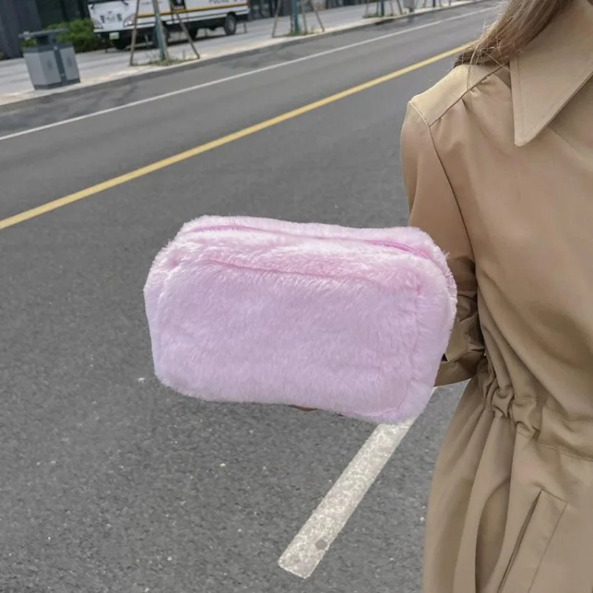 New 1 Pcs Plush Cosmetic Bag Pencil Girl Candy Color Hand Bag Banquet Party Lady Cosmetic Bag Makeup