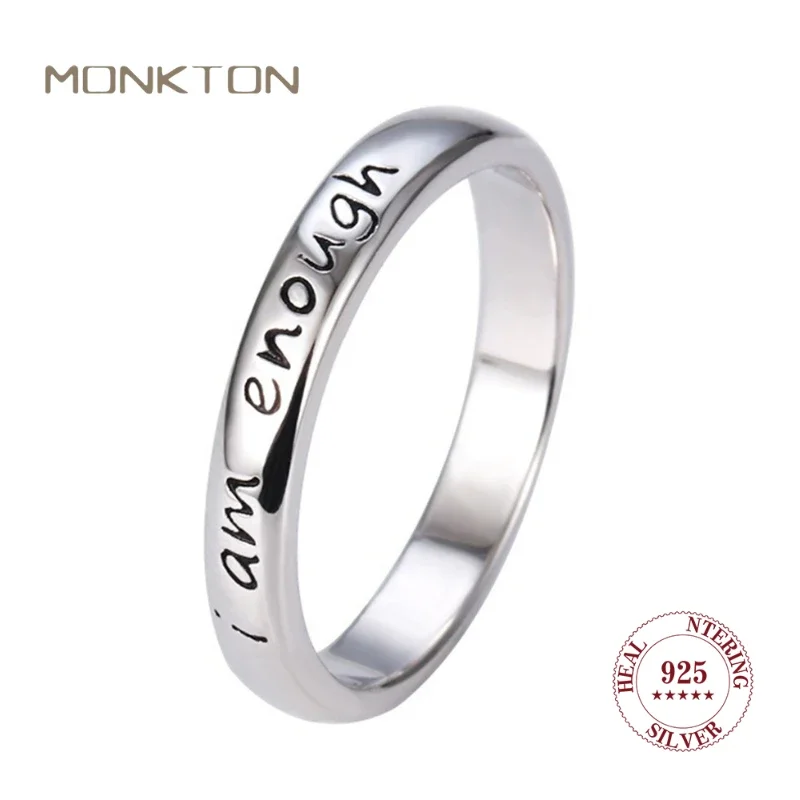 Monkton 925 Sterling Silver Rings Unisex Engrave I am enough Accessories Release Stress Cheer Up Party Jewelry