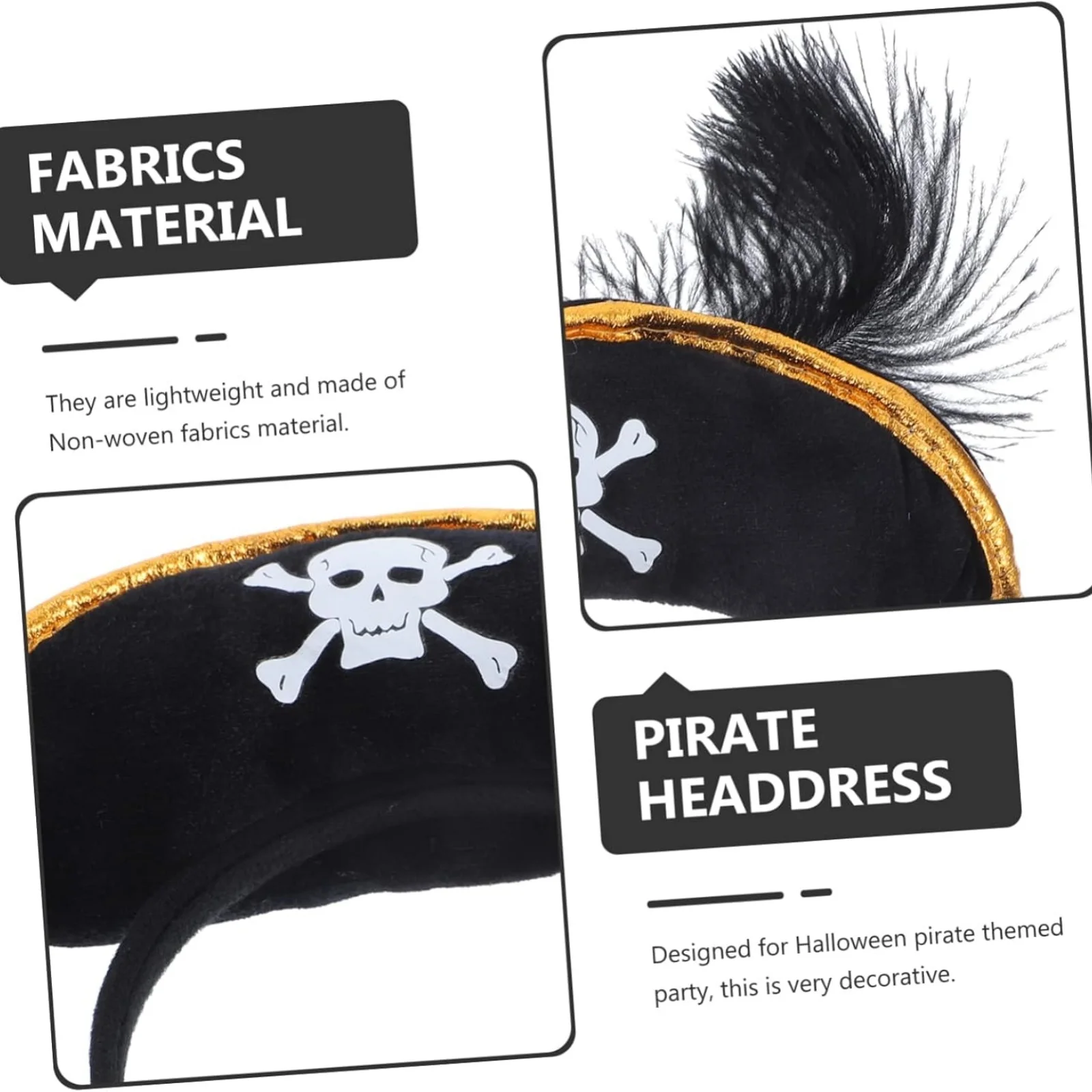 1PC Pirate Hat Headband with Skull Crossbones & Black Feather, Halloween Costume Party Hair Accessory for Cosplay