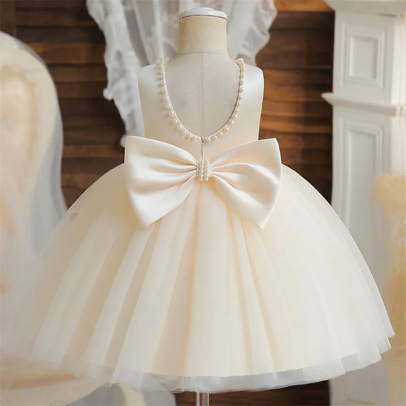 Girls Dress Baby Girl Dress Infant Baby Baptism Dress For Girls Kids Wedding Party Dresses Bow Beaded Tulle Christening Gown Birthday Children Clothes