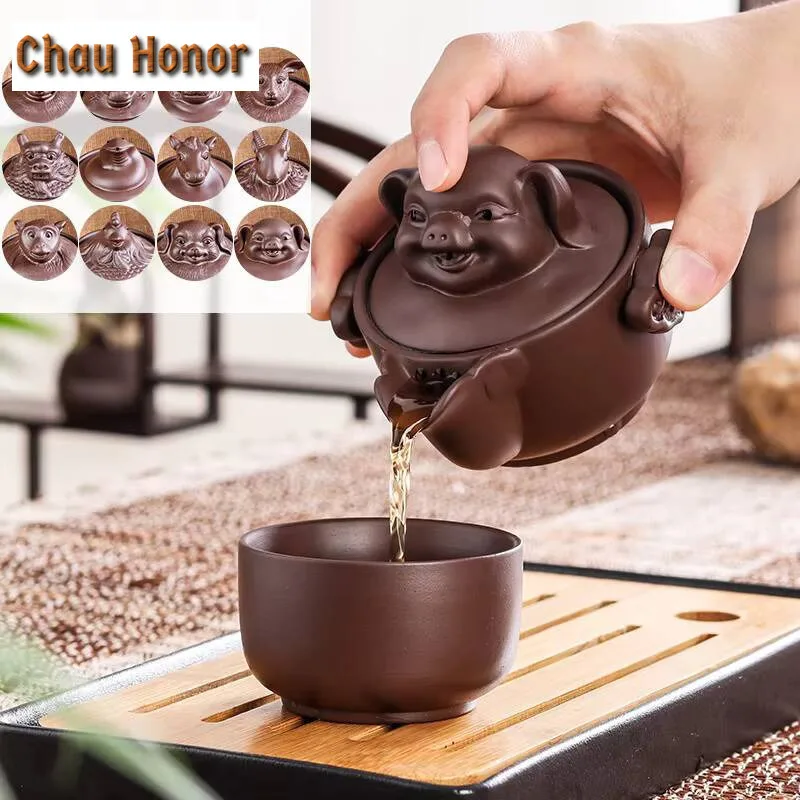 140ml Chinese Yixing Twelve Zodiac Portable Travel Tea Set  Purple Clay Teaset Quik Pots Drink Tea Cup Tea Ceremony