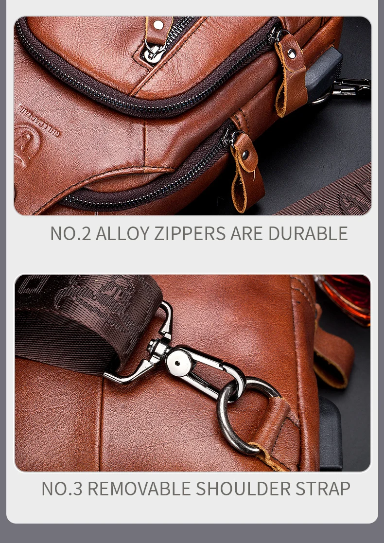 BULLCAPTAIN Retro-Brusttasche aus echtem Leder, Umhängetasche aus Rindsleder für Herren, Umhängetasche mit großem Fassungsvermögen ﻿ – Detail 10