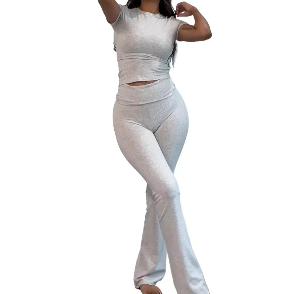 Women Two Piece Chic Sets Long Sleeve Cropped Tshirt and High Waist Fitness Pants