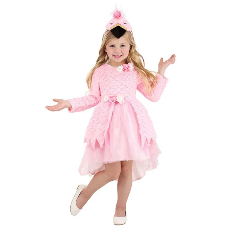 Girls Flamingo Costume Dress with Headband Pink Feather - textured Party Outfit