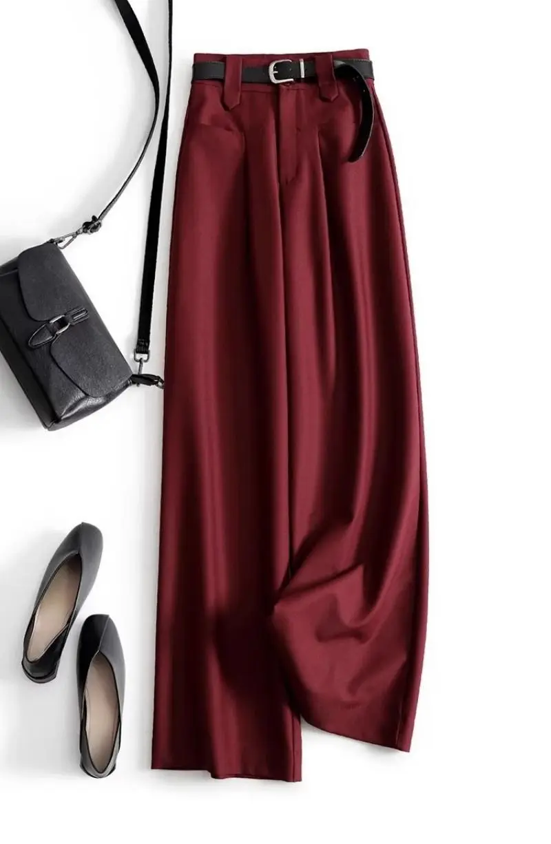 Wine Red Solid Office Lady High Waist Sashes Loose Straight Women's Pants Ankle-Length Trousers Pants For Women Clothing 2024