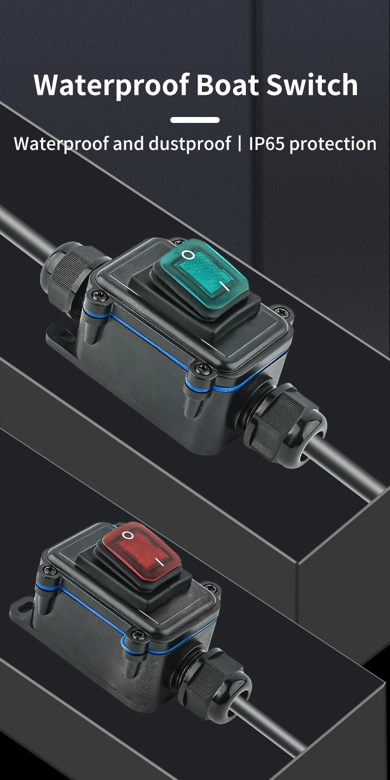 IP65 Inline-Kabelschalter für den Außenbereich, wasserdicht, Schiffstyp, Hochstrom-Marine-Wippschalter, Ein/Aus-Schalter, Druckschalter – Detail 1