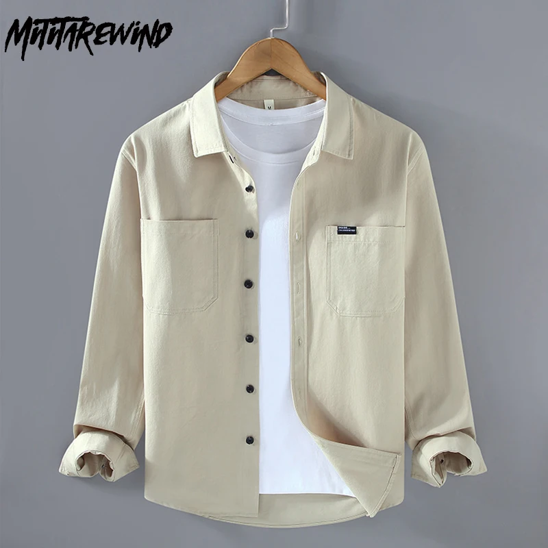 

New Men's Long Sleeve Tops Spring Workwear Causal Apricot Shirt Lapel Pockets Pure Cotton Shirt Youth Simple Camisas De Hombre