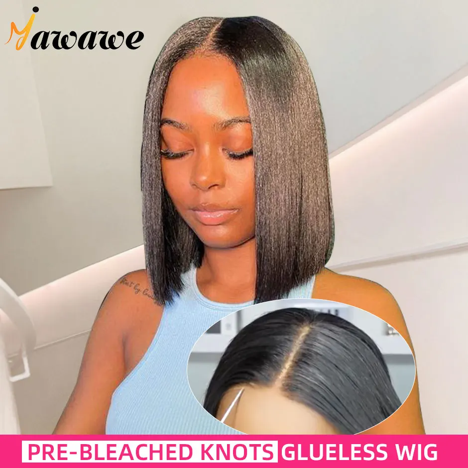 

Pre-Bleached Knots Glueless Wig Ready To Wear Wigs Straight Bob Pre-plucked Human Hair Bob Wigs Pre-cut HD Lace Wear Go Wigs