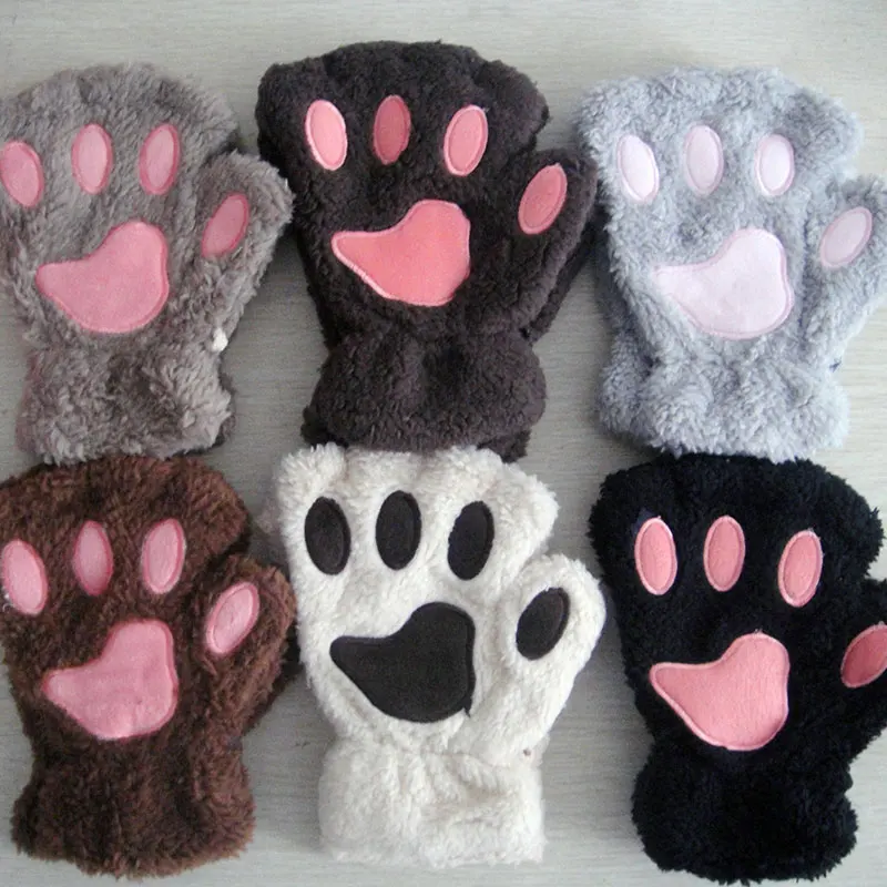 

Fashion Cute Cartoon Bear Paw Gloves Fluffy Exposed Fingers Glove Coral Fleece Thicken Warm Cat Claw Half Finger Winter Gloves