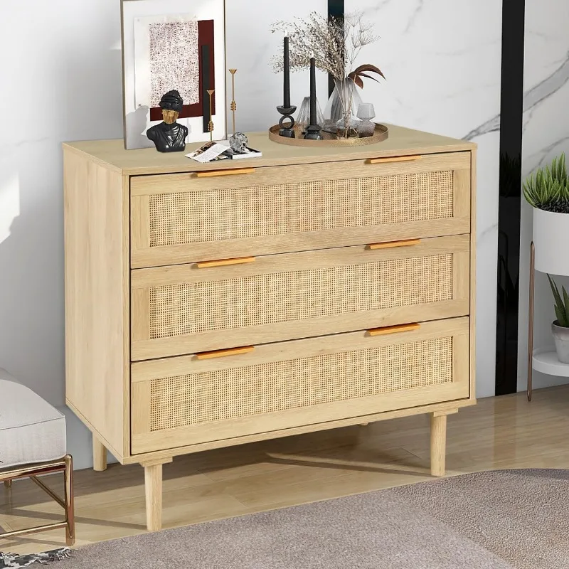 

3 Drawer Dresser for Bedroom, Oak Rattan Dresser Closet Dressers Chest of Drawers, Light Wood Dresser 3 Drawer Storage