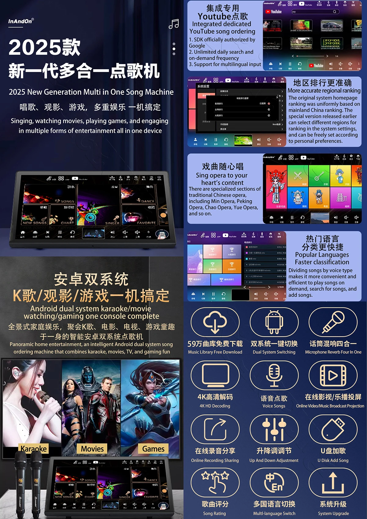 10TB 15.6" InAndon Karaoke Player, Mixing amplifier 5 in 1