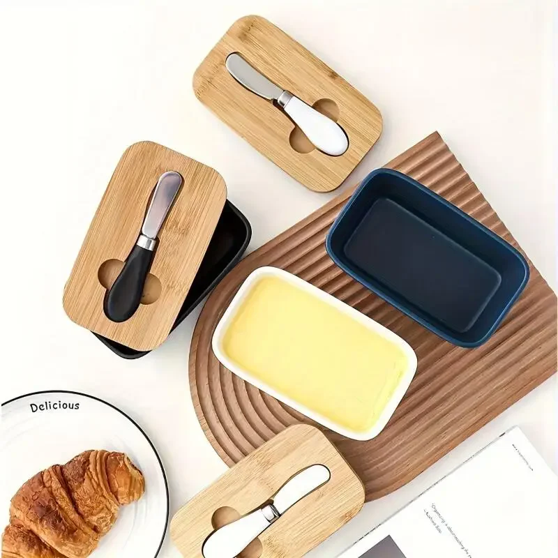 Ceramic Butter Boxes Dishes Cans Cheese Trays Vertical Containers Kitchen Food Storage Containers Round Wooden Covers butter storage box ceramic sauce dishes