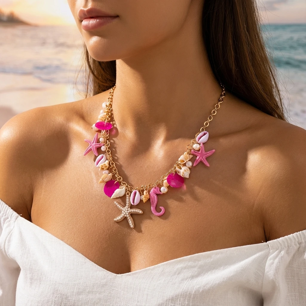 Y2K Einzigartige Ozean-Themen-Halskette für Frauen, goldfarbene Kette, Seepferdchen, Seestern-Anhänger, minimalistischer Schmuck, Dopamin-Geschenk, Party