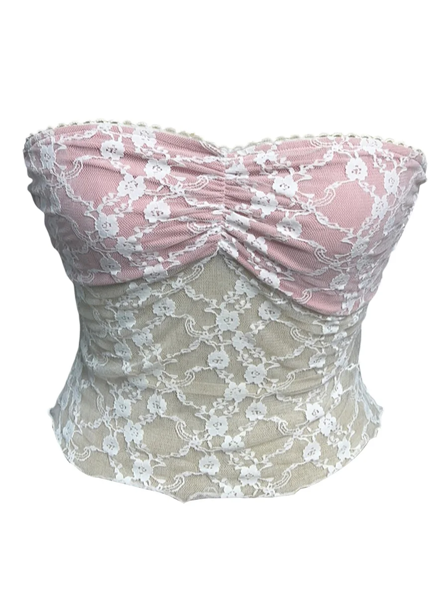 

Qianderer Women Floral Lace Tube Tops Backless Bandeau Crop Tops Vintage Tie Up Spaghetti Strap Camisoles Sleeveless Cami Tops