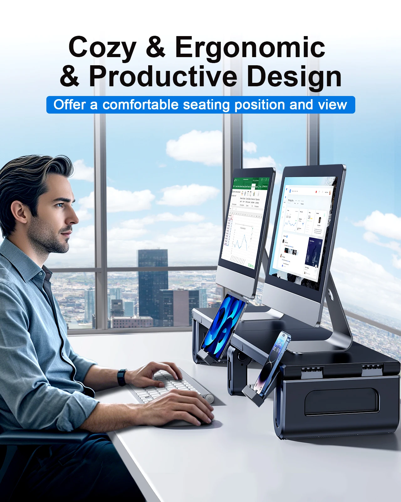 Eary Dual Monitor Stand Riser With Phone Tablet Holder Extra Long Multifunctional Computer Laptop Stand Office Desk Accessories