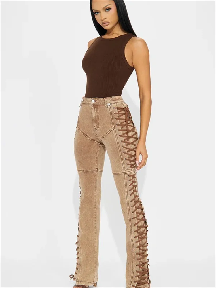 Wmstar Jeans Women High Waist Denim Boyfriend Flared Cargo Pants Korean Ripped Bandage Streetwear Wholesale Dropshipping 2025