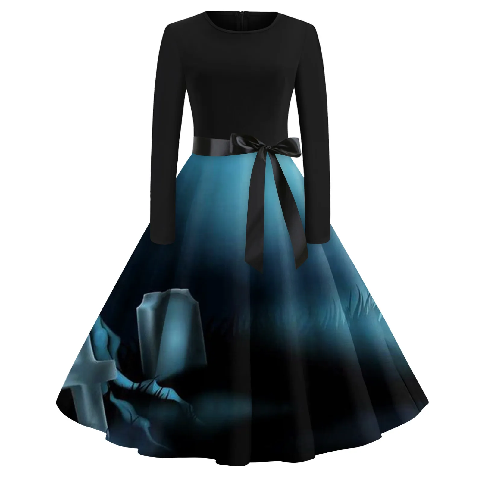 

Halloween Print Dresses Women Vintage Long Sleeve O Neck Swing Dress Robe Femmes Evening Party Gown Cosplay Costume Vestidos