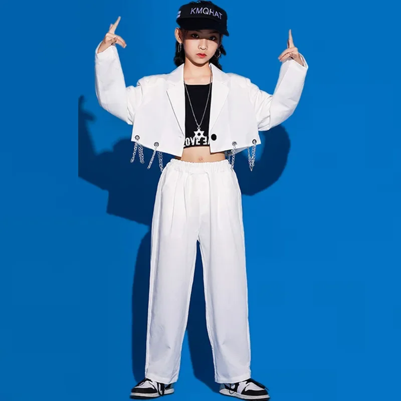 

Kids Hip Hop Dance Costumes For Girls White /Black Chain Suit Jazz Performance Costumes Rave Clothes Street Dance Wear sets
