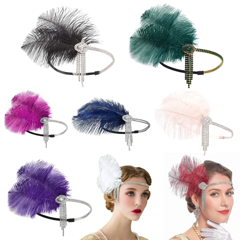 

Feather Headbands Cocktail Tea-Party Headwear for Girls Gatsby Hair Accessories 1920s Flapper Headband Crystal