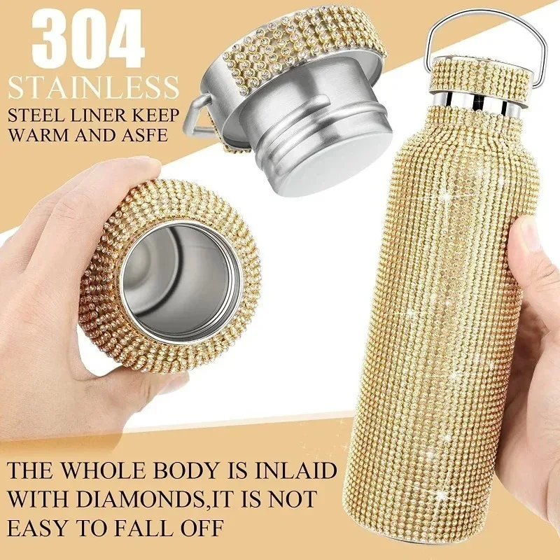 Borraccia Termica Glitterata Bling Diamond 500ml Con Catena, Acciaio Inox Rosa, Mantiene Caldo/Freddo 6-12h