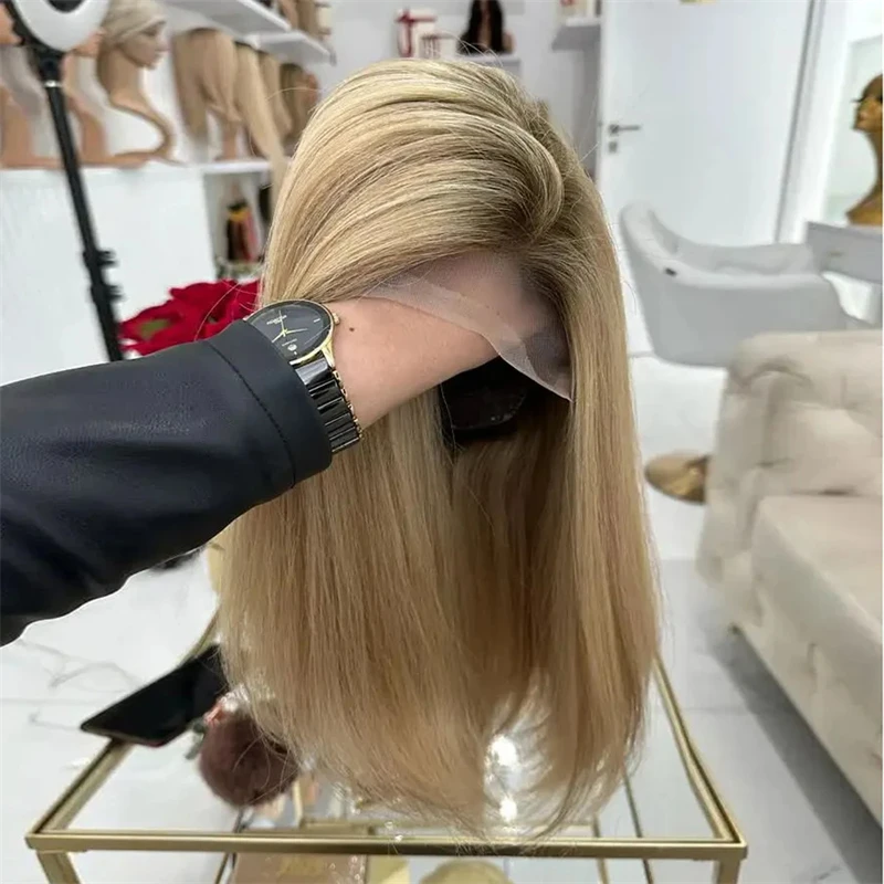 New Honey Blonde Bob Wig Light Brown Highlights High Heat Fibre Synthetic Lace Front Wigs Short Straight Cosplay Wig for Women