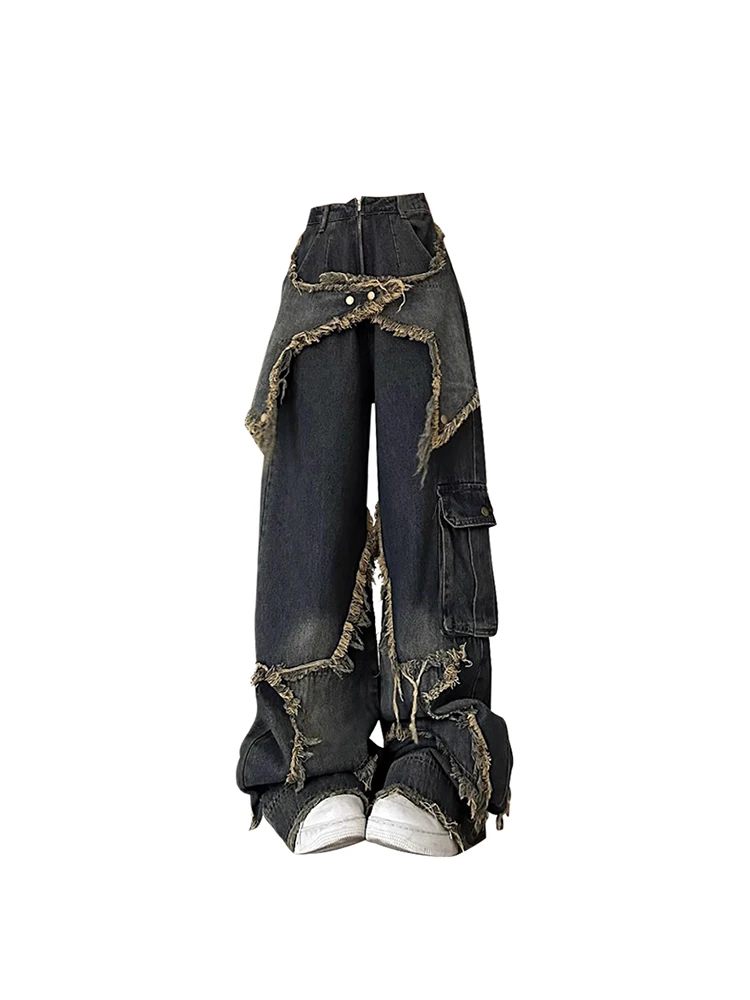 【BINARY01】★Star Cargo wide denim Pants 25SS 韓国発★ Women Vintage High Waist Star Cargo Jeans Baggy Oversize