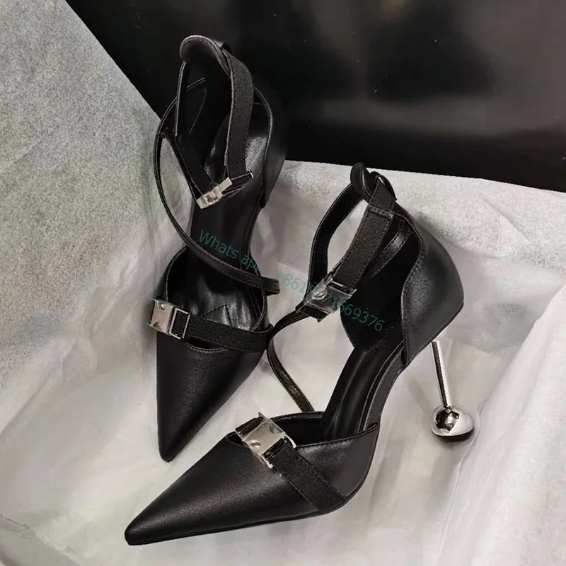 

Dress Sexy Leather Luxury Metallic High Heel Sandals Women Black Ankle Strap Buckle Pointed Toe Sandals Lady Luxury Shoes 2022