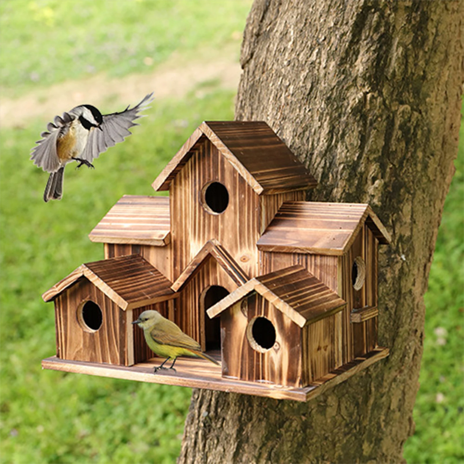 HangingWoodenBirdHouseForOutside6HoleWoodenBirdHouseCourtyard
