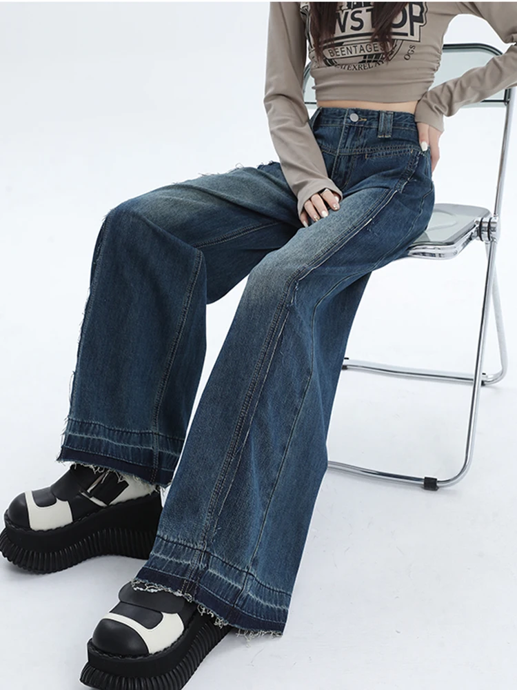 Vintage Ripped Blue Straight Jeans Women High Waist Wide Leg Stylish Patchwork Baggy Pants Loose Casual Denim Trousers Female