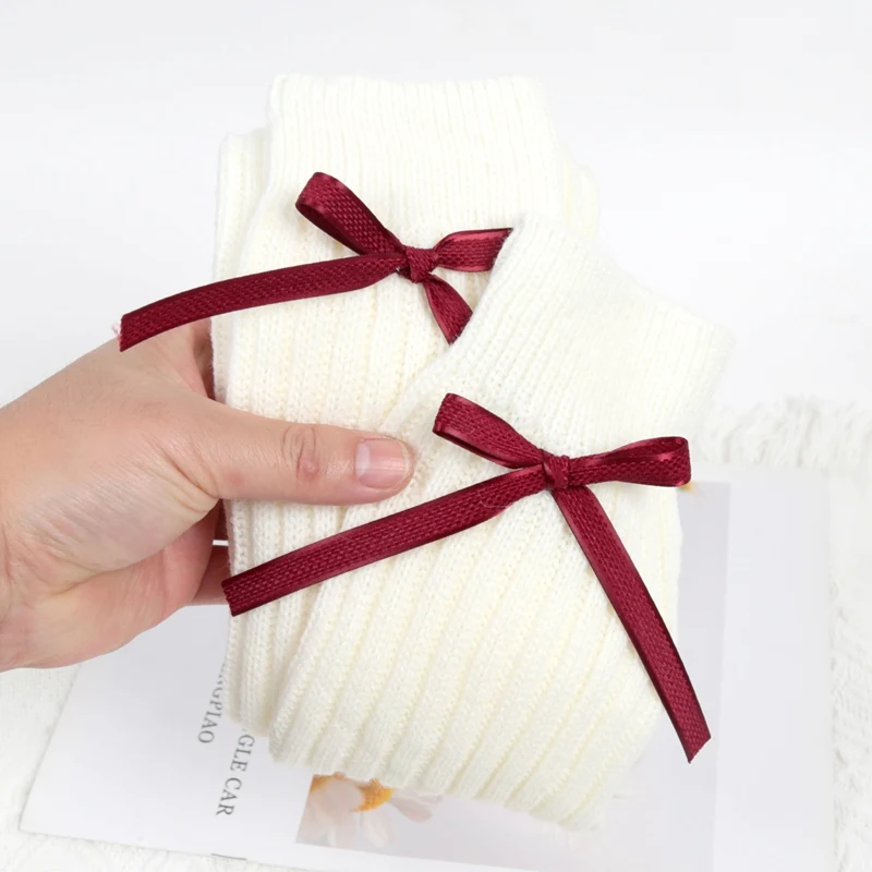 Women Leg Warmers Lolita Girls JK Uniform Socks Female Knitted Warm Foot Cover Sweet Burgundy Bow Winter Versatile Elephant Sock
