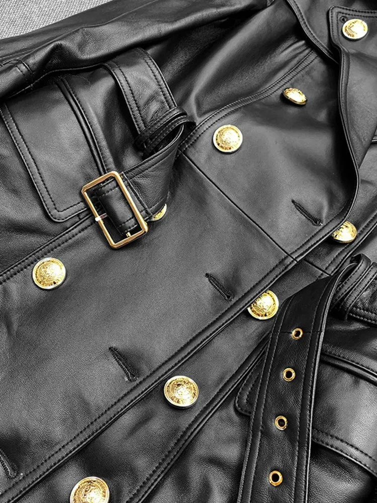 Spring Women Double Breasted Belted Long Sheepskin Trench Coat Fashion Genuine Leather Jacket Military Style Moto Windbreaker