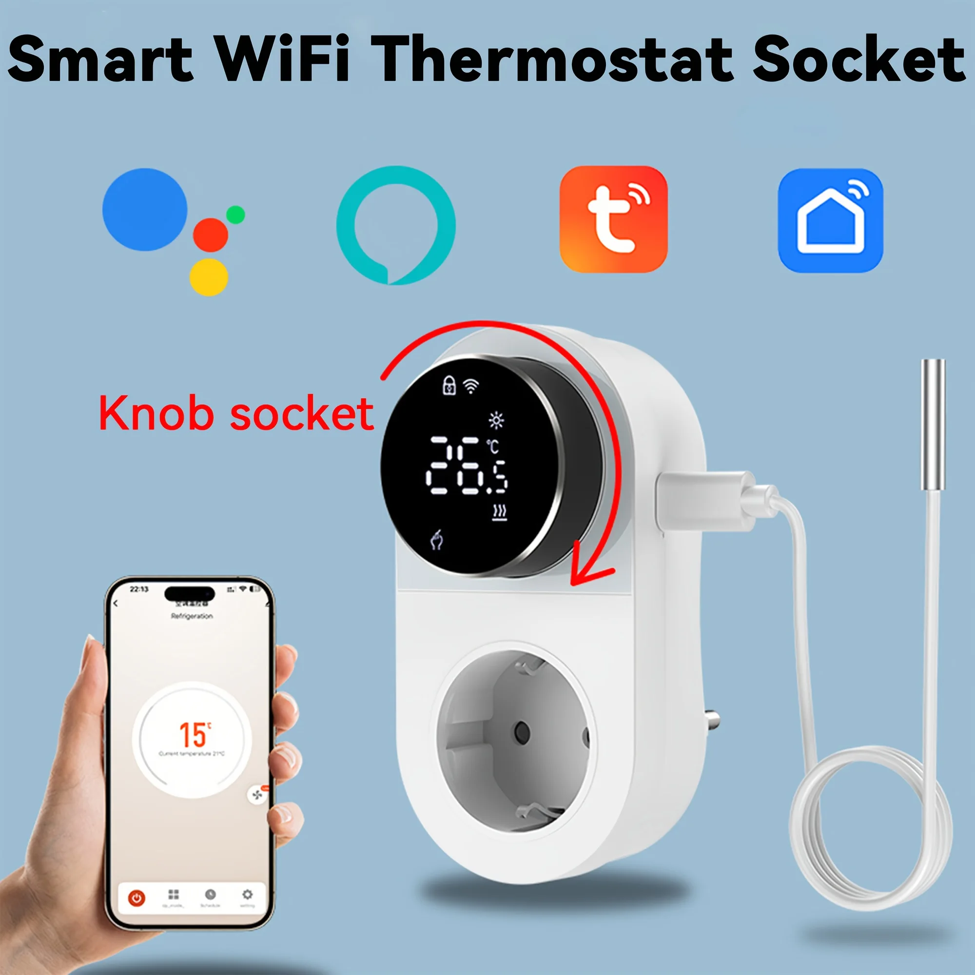 AC95~240V Akıllı WIFI Takılabilir Termostat Soketi Oda Düğme Tipi Düğme Sıcaklık Kontrol Cihazı
