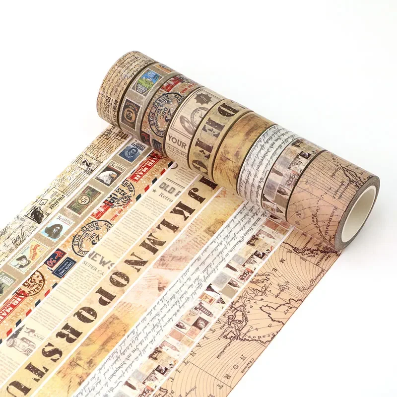 NEW 1PC 10M Decorative Vintage Kraft Script Newspapers Stamps Map Masking Washi Tape Adhesive Stickers Cute Journal Stationery 6