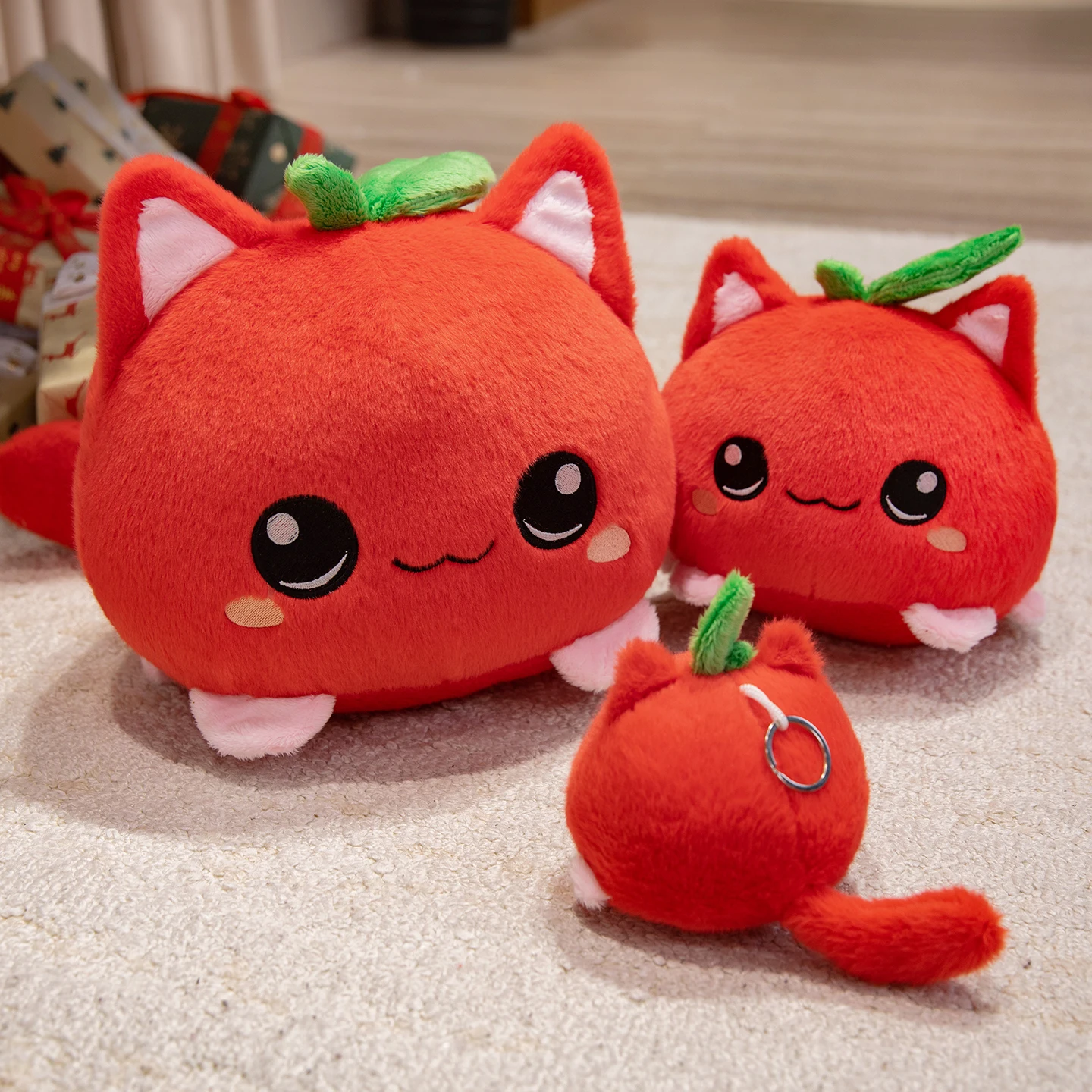 Sweet Lovely Strawberry Kitten Ball Plush Toys Soft Pink Cartoon Apple Eggplant Cat Doll Bags Hanging Toys Funny Desktop Decor
