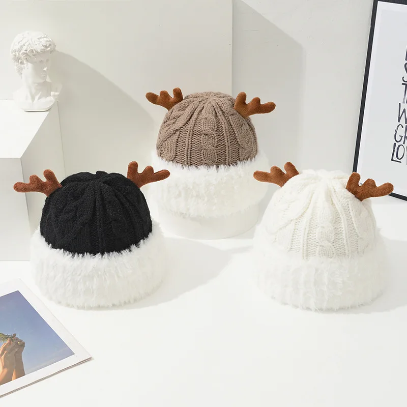 

Christmas Cute Deer Horn Knitted Hat Autumn and Winter Thickened Warm Ear Protection Woolen Hat Korean Version Versatile Hat
