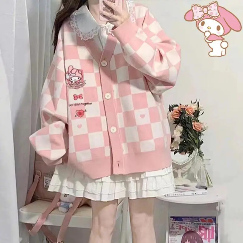 Anime Sanrioed Pompompurin Girl Cardigan Sweater Kuromi Kawaii Cinnamoroll Spring Autumn Knit Coat Preppy Loose Sweet Embroidery 3