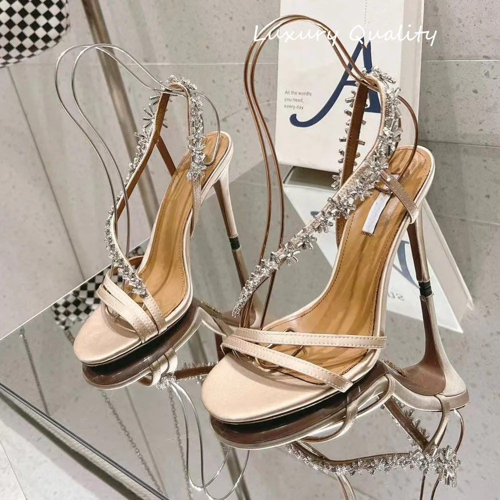 

2024 Women's Rhinestone high heeled slippers Sexy Style Thin Heel Round Head Silk material Sandalias Fairy Party Dress Shoes