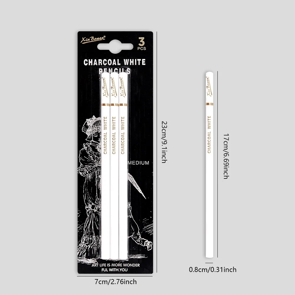 White Charcoal Pencils Drawing Set - 3-Pack Sketch Highlight Pencils For Artists