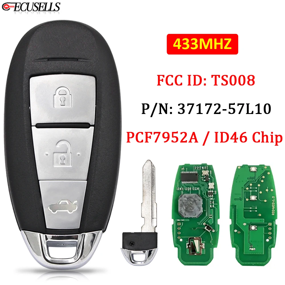 Ecusells 3 Button Remote Smart Car Key 433Mhz PCF7952A / ID46 Chip FCC