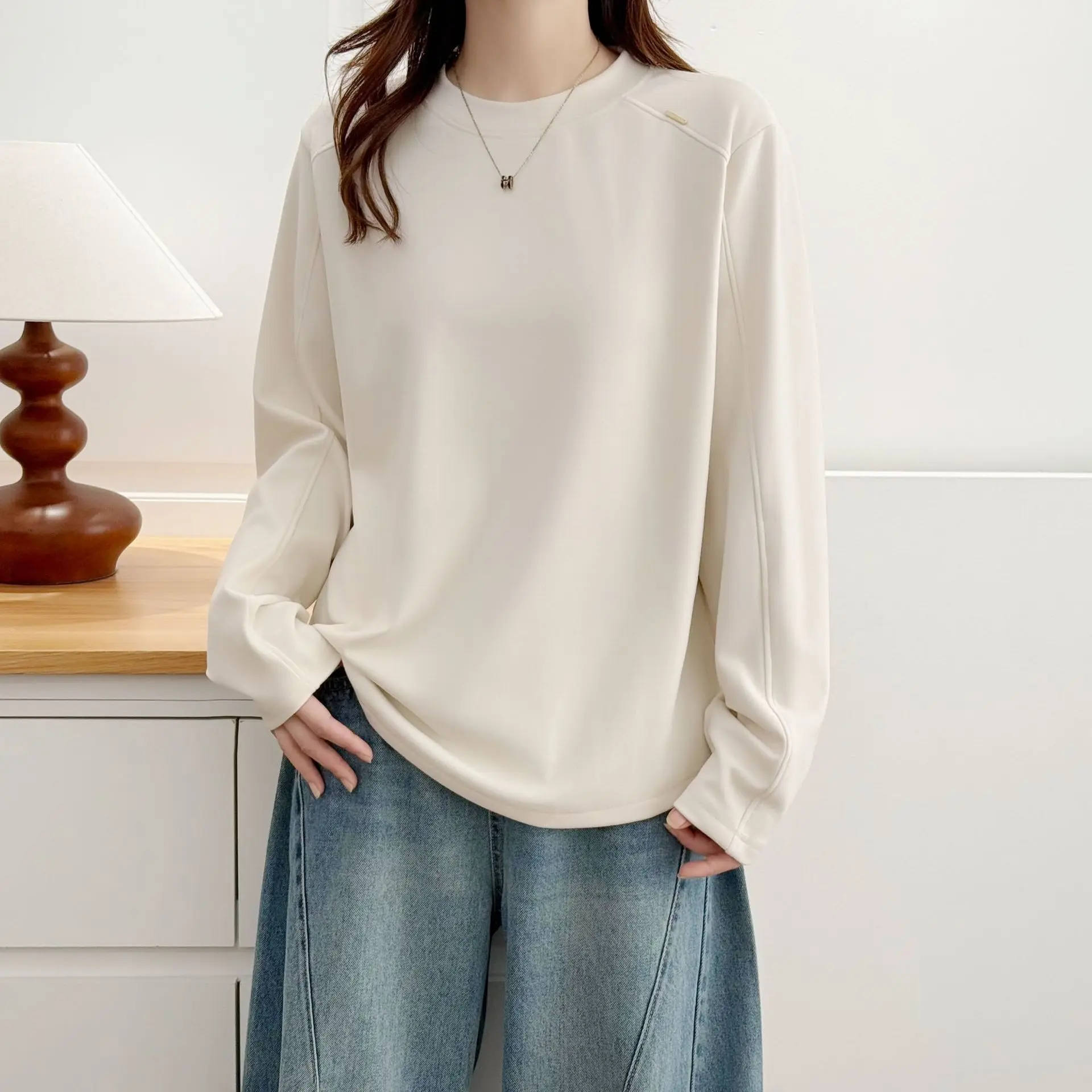 XXXXL Fashion Plus Size Women's T-Shirt Autumn Winter 2025 Simple Solid Color Fleece Warm Thickened Long Sleeved Base Tops 7056