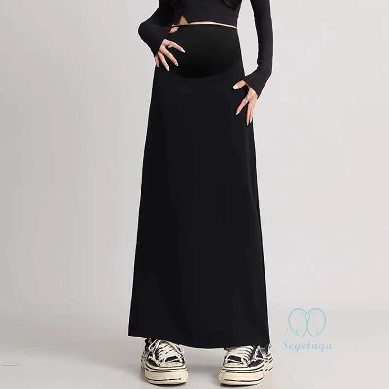 Back Splits Black Maternity Full Maxi Long Skirts Spring Casual Pencil Bottoms for Pregnant Women Elastic Waist Pregnancy