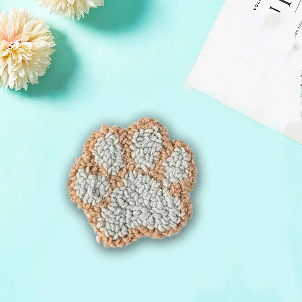 6pcs Punch Needle Embroidery Coaster Set Paw Print Pattern Handmade Cup Mat Kits Needlework Home Decoration