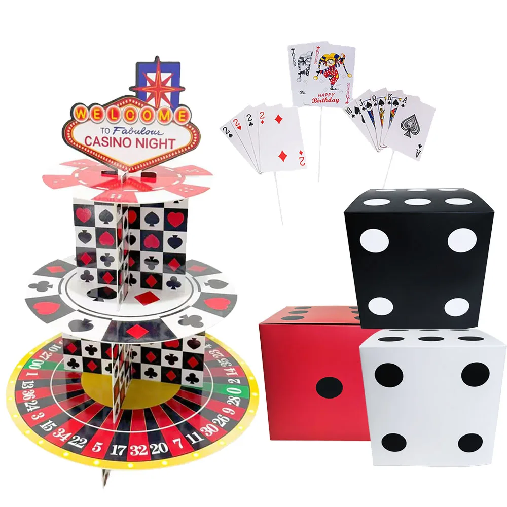 Casino-Themen-Party-Deko Tortenständer Papier-Würfelbox Tortendekoration Erwachsenen-Geburtstagsfeier Las Vegas Party-Dekorationszubehör