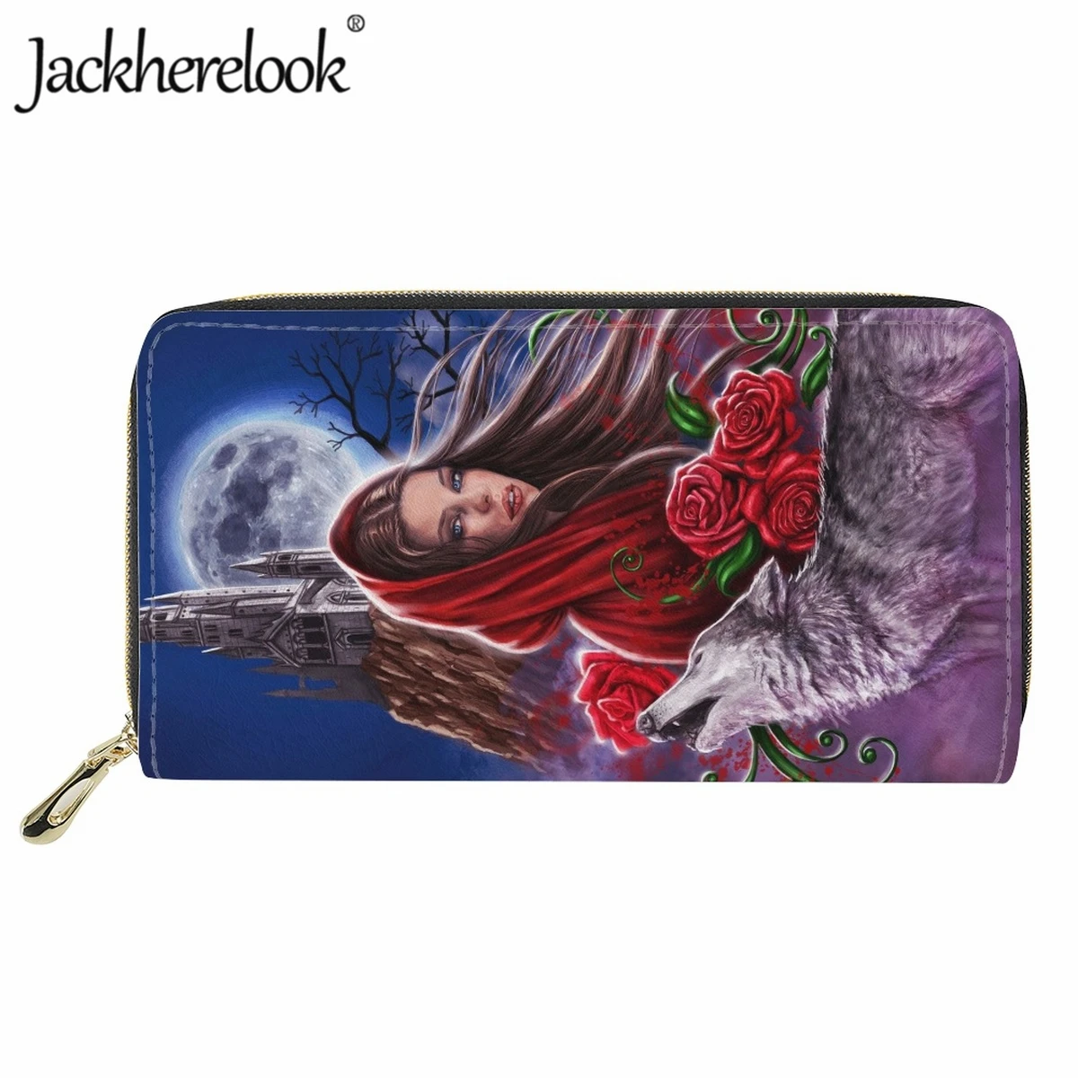 Jackherelook Ladies Designer Luxury Leather Wallet Fashio Wolf Rose Pattern Print Classic Card Holder Purse Valentine's Day Gift