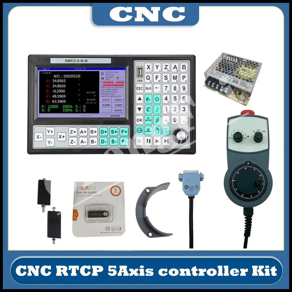 

CNC SMC5-5-N-N 5-axis offline Mach3 USB controller 500KHz G-Code 7-inch large screen 6-axis emergency stop handwheel 75W24V DC