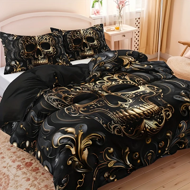 3Pcs Metallic Skull Duvet Cover Set, Black Golden Gothic Design Breathable Polyester Bedding with Pillowcases, Machine Washable