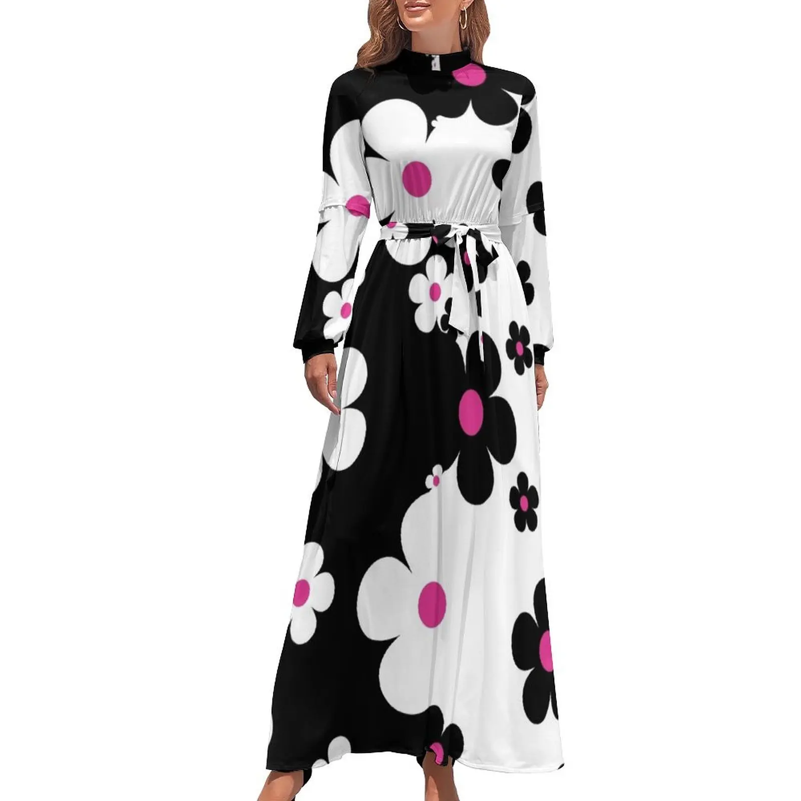 thumbnail image 1 of Vestido largo retro pop de flores pequeñas en blanco y negro y rosa de los años 60 Vestidos de gala Ropa de playa Vestido de fiesta Mujer Elegante Lujo, 1 of 5