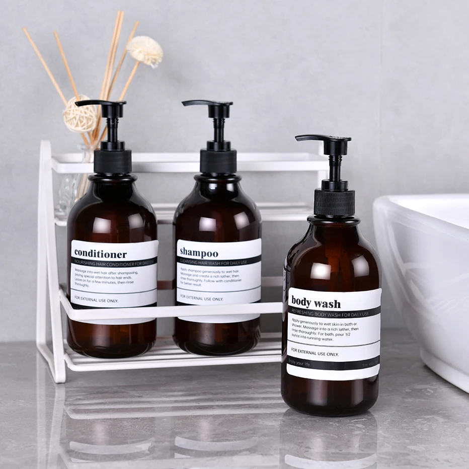 300/500ml Bathroom Soap Dispenser Bottle Shampoo Shower Gel Bottle Press Type Refillable Empty Glossy Bottle Waterproof Labels - Image 4